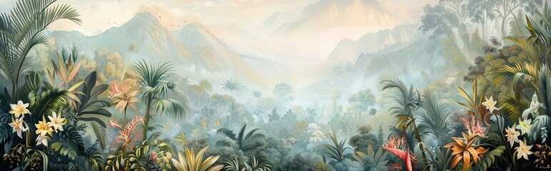 Colorful tropical rainforest. palm leaves and other plants. Aloha textile collection. Tropical forest with dense vegetation of trees, shrubs and vines. AI generated illustration