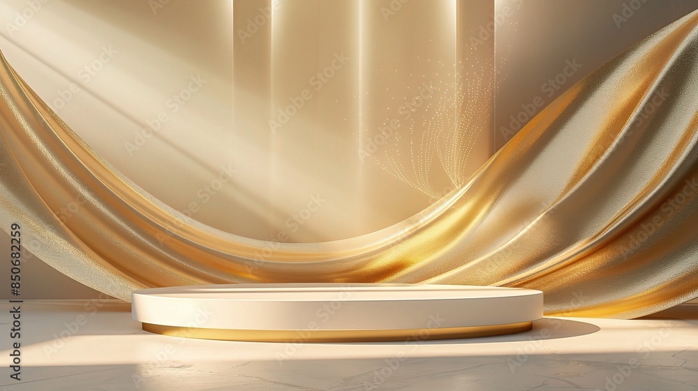 Poster podium embellished with shimmering golden curve line elements