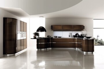 Contemporary kitchen featuring dark wood cabinets, minimalist style, and highshine flooring