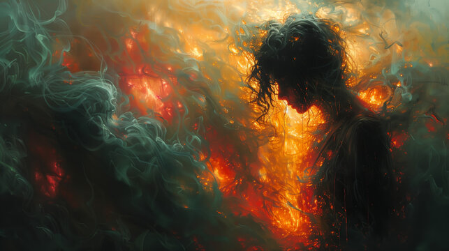A person starts to fade away in smoke with fiery background. Side shot. 