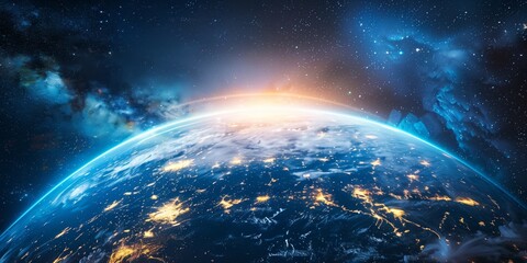Obraz premium Panoramic View of Planet Earth from Space with Glowing Cities