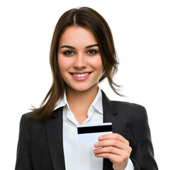 Fototapeta premium Portrait of happy smiling young beautiful businesswoman holding a credit card, isolated on transparent background. Shopping or payment, finance online internet purchase