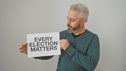 Bearded man holding a sign with text 'every election matters' against an isolated white background, embodying a message of political engagement.