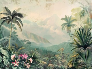 Colorful tropical rainforest. palm leaves and other plants. Aloha textile collection. Tropical forest with dense vegetation of trees, shrubs and vines. AI generated illustration