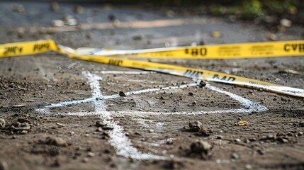 Crime scene investigation with police tape and a chalk outline on the ground