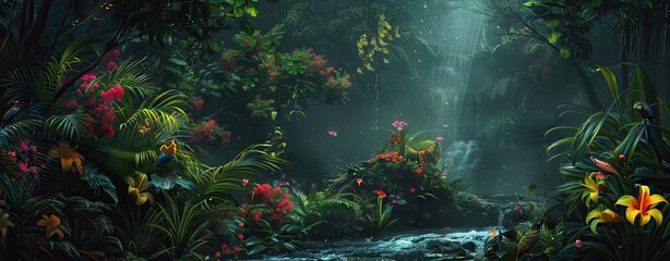 Dark rainforest sun rays through the trees and birds digital illustration. AI generated illustration.