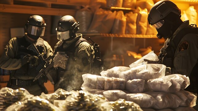Drug enforcement agents seizing illegal substances during a raid