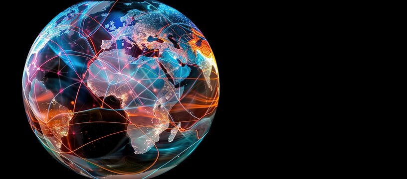 An illustration of a circular earth with orange and blue lines in a photo with a black background