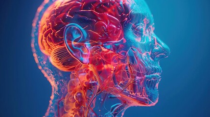 Detailed illustration of the human head with an emphasis on brain pain or headache