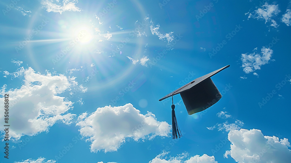 Wall mural A black graduation cap flying in the sky with clouds on a sunny day - Wall murals