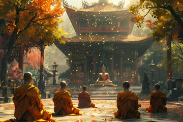 Fototapeta premium Monks Meditating in Front of a Buddhist Temple During Autumn