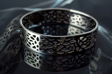 /imagine A stainless steel cuff bracelet with an intricate laser-cut pattern, laid flat on a glossy black acrylic sheet, highlighting the precision and modernity of the design,