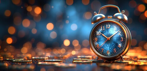 Illustration of an iron alarm clock and several coins around it with a blur effect background