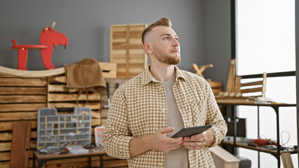A young caucasian man with a beard holds a tablet and looks contemplative in a woodworking workshop.