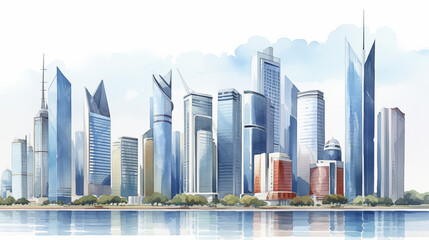 Naklejka premium View of the city with the river and skyscrapers, watercolor illustration.