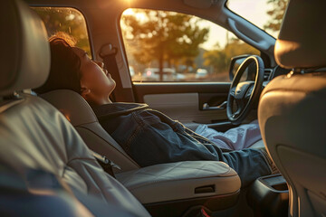 Fototapeta premium Person Relaxing in Car Seat During Golden Hour