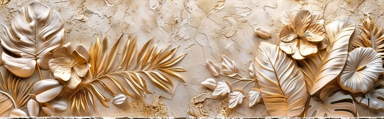 Gold floral plants and palm leaves Wallpaper Mural, 3d illustration, grey background, abstract tropical leaves, banana leaves with 3d lines. AI generated illustration