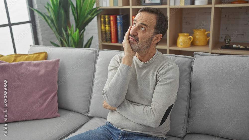 Wall mural A thoughtful mature man with a beard sits contemplatively on a sofa in a cozy living room setting.