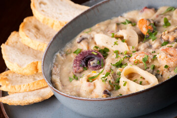 seafood cream dish with octopus, squid, prawns and irish shellfish with blurred bread slices