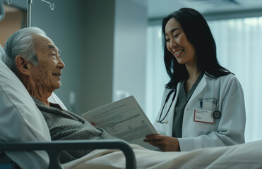A nurse in a white coat with green accents is smiling while holding an iPad and standing next to the bed of her elderly patient who has gray hair, lying on his back in a hospital room. - Powered by Adobe