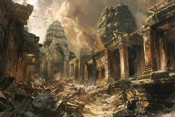 Fototapeta premium Dramatic illumination of a mystical ancient temple in ruins with birds flying