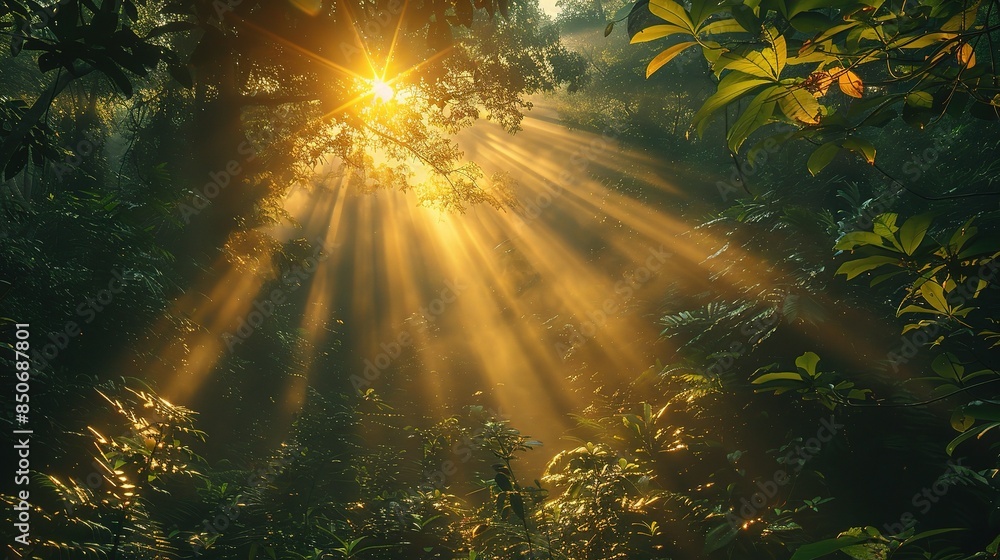 Poster golden sunlight filtering through the trees in a lush forest