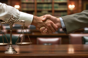 Two Businesspeople Shake Hands In Front of Justice Scales