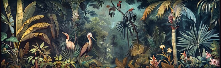 Illustration of tropical wallpaper print design with palm banana leaves and exotic birds on canvas texture. Tropical plants and birds on textured background. AI generated illustration