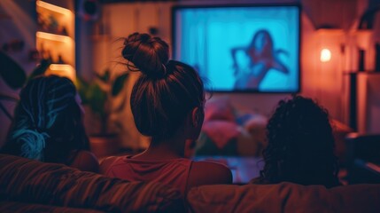 Friends enjoying a cozy movie night at home, watching a film together in a comfortable setting, sharing a moment of relaxation and bonding