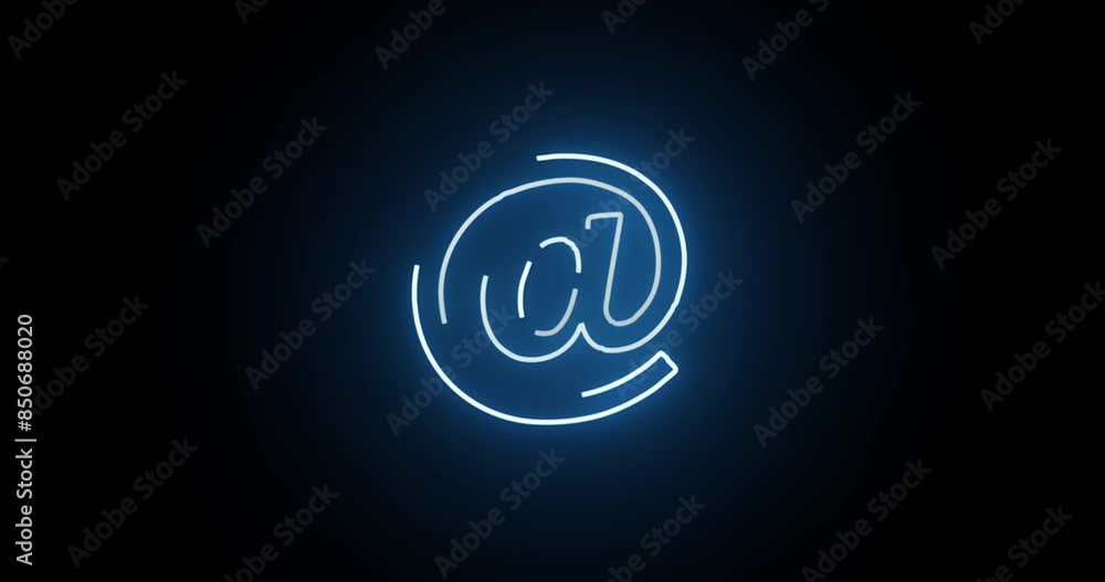 Aufkleber Neon light, letter and icon with motion of line, animation or circle on a black background. Abstract at sign or character with symbol, glow or design of email, outline or message for notification