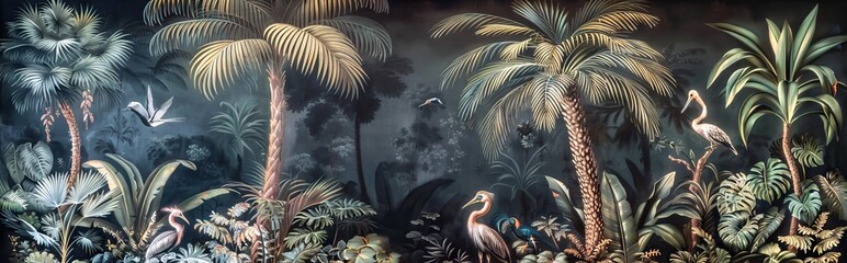 Illustration of tropical wallpaper print design with palm banana leaves and exotic birds on canvas texture. Tropical plants and birds on textured background. AI generated illustration