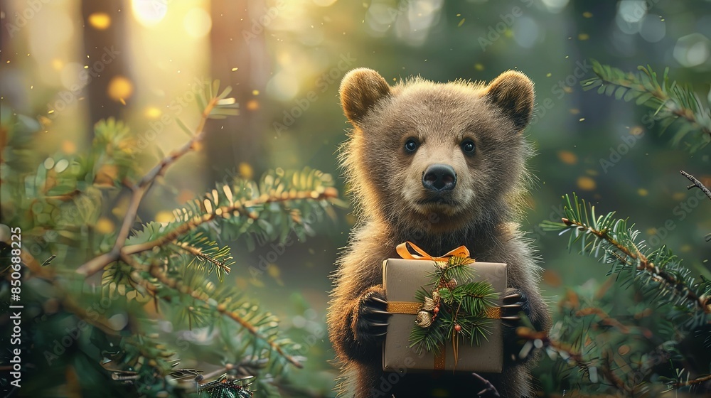 Wall mural A bear cub carefully holds a festively decorated box with evergreen, against a softly lit forest backdrop, suggesting the spirit of the holiday season