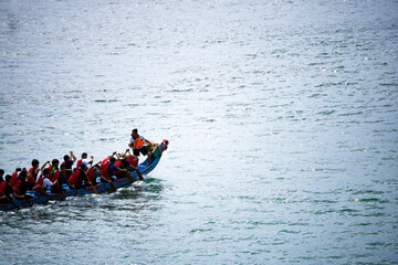 an intense moment in a dragon boat race