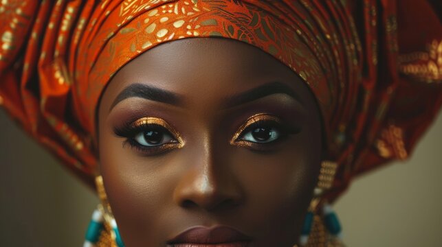 Macro shot of a Nigerian woman&acirc;&euro;&trade;s gele and traditional makeup, emphasizing the vibrant colors and bold styles --ar 16:9 Job ID: a4705db8-e39a-4566-b57b-5a56ee4f6e21