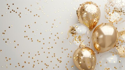 Celebration banner with gold confetti and balloons.