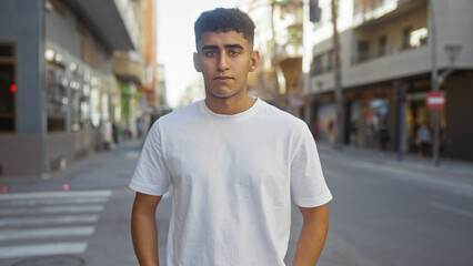 A handsome young man standing confidently in an urban street setting during the day.