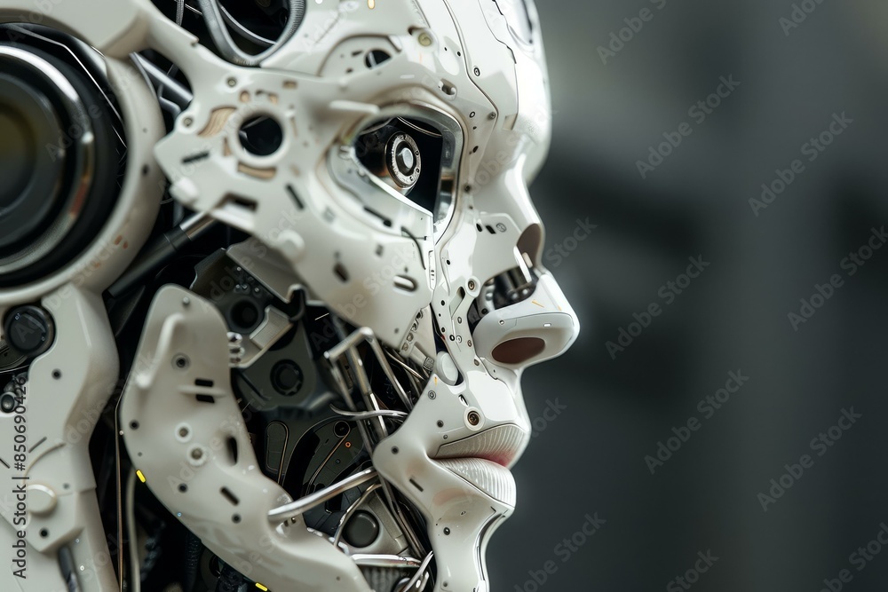 Aufkleber closeup portrait of contemplative, futuristic humanoid robot with advanced artificial intelligence, 