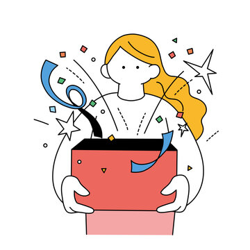 recommend clip art: プレゼントボックスを開ける女性の線画イラスト
                    