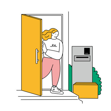 recommend clip art: 玄関で置き配を受け取る女性の線画イラスト
                    