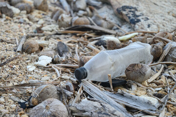 Tropical shore beach full of pollution and plastic. Ecology concept. Close up.