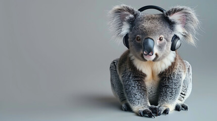 A koala sits wearing black headphones, looking cute and chubby against a calm.
