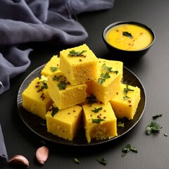 Indian traditional gujarati street food khaman dhokla on black background