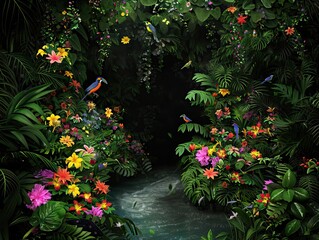 Obraz premium Dark rainforest sun rays through the trees and birds digital illustration. AI generated illustration.