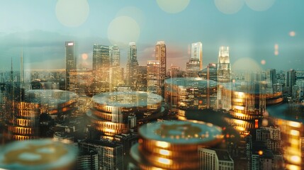 Double exposure of city, network or connection for finance and business concept, graphics on rows of coins