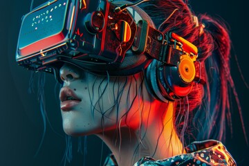 Futuristic portrait of a young woman immersed in virtual reality with neon lights