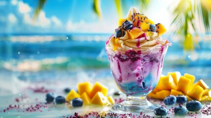 A colorful sundae ice cream showcasing tropical summer flavors, topped with mango chunks