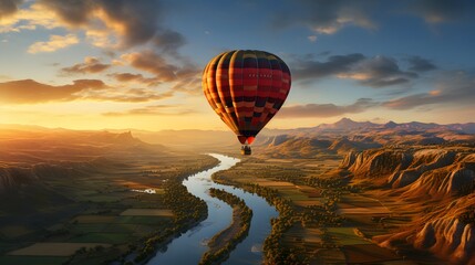 Obraz premium the mountains with air balloons flying over and sunlight, Hot air balloons flying in the sky during sunrise over beautiful landscape, colorful hot air balloon gently floats over the unique