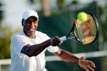 Focused Tennis Player Preparing to Hit Backhand Shot on Outdoor Court
