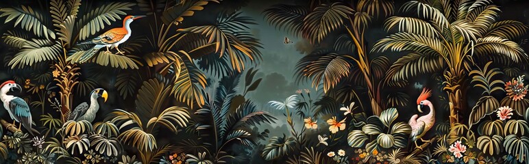 Illustration of tropical wallpaper print design with palm banana leaves and exotic birds on canvas texture. Tropical plants and birds on textured background. AI generated illustration