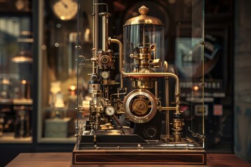 Fototapeta premium Antique brass espresso machine on wooden counter with warm ambient lighting